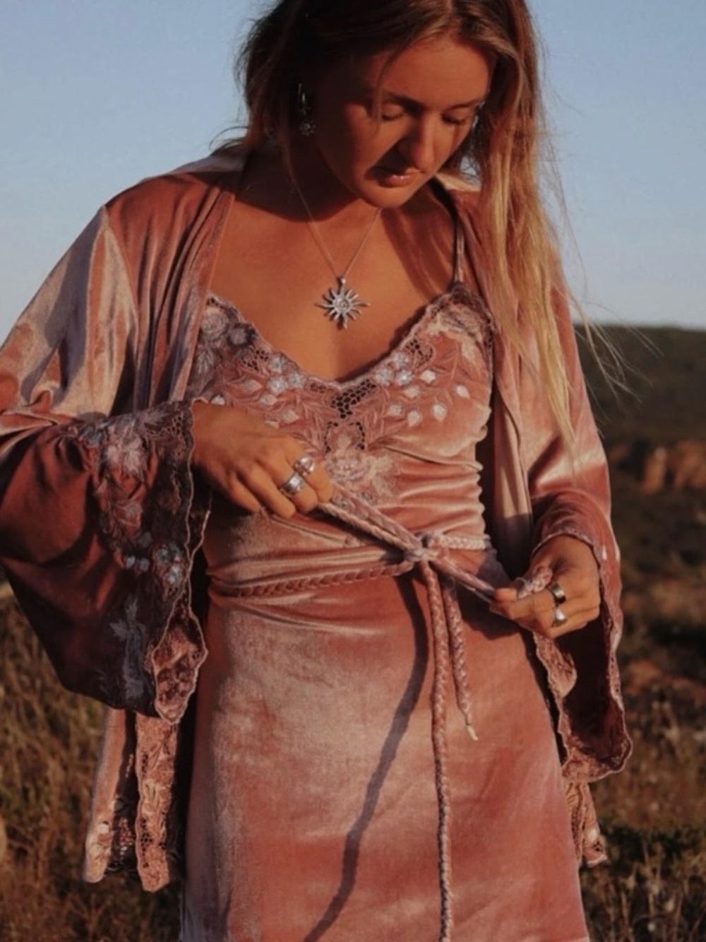 Women's Pink Silk Velvet Dress with Pink and Silver Embroidered Top - Picture 3 of 10